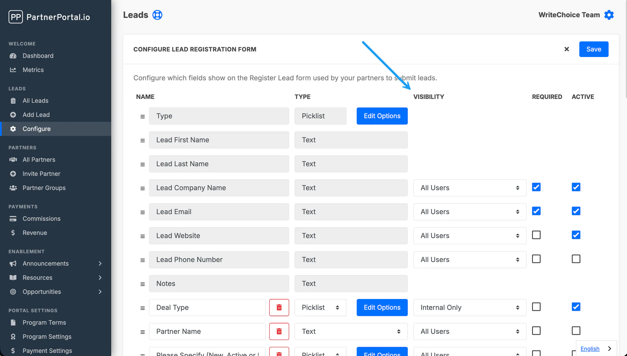 The visibility drop-down on a lead field