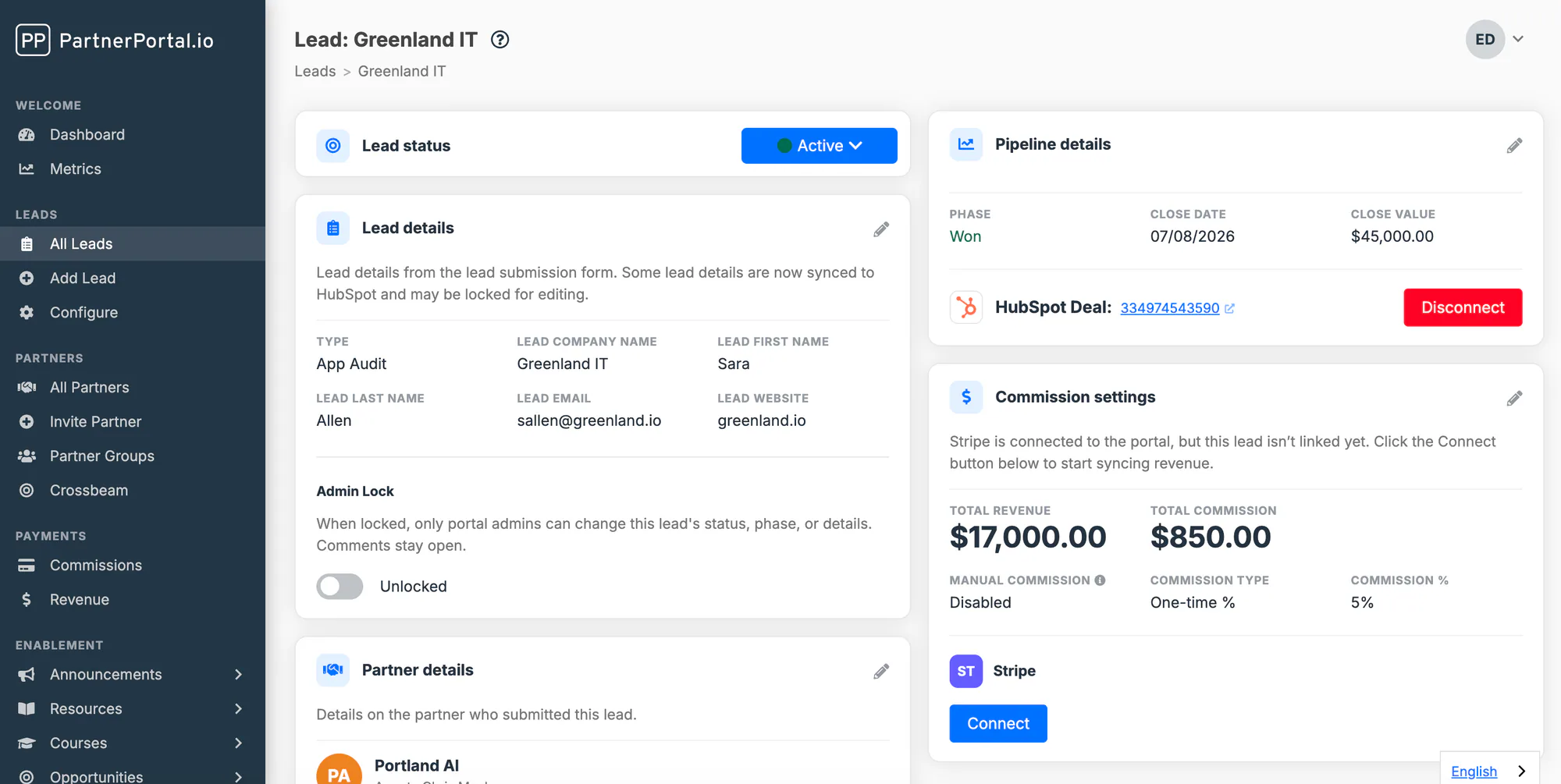 A lead's detail view showing lead data, comments, payment information, and the transaction log