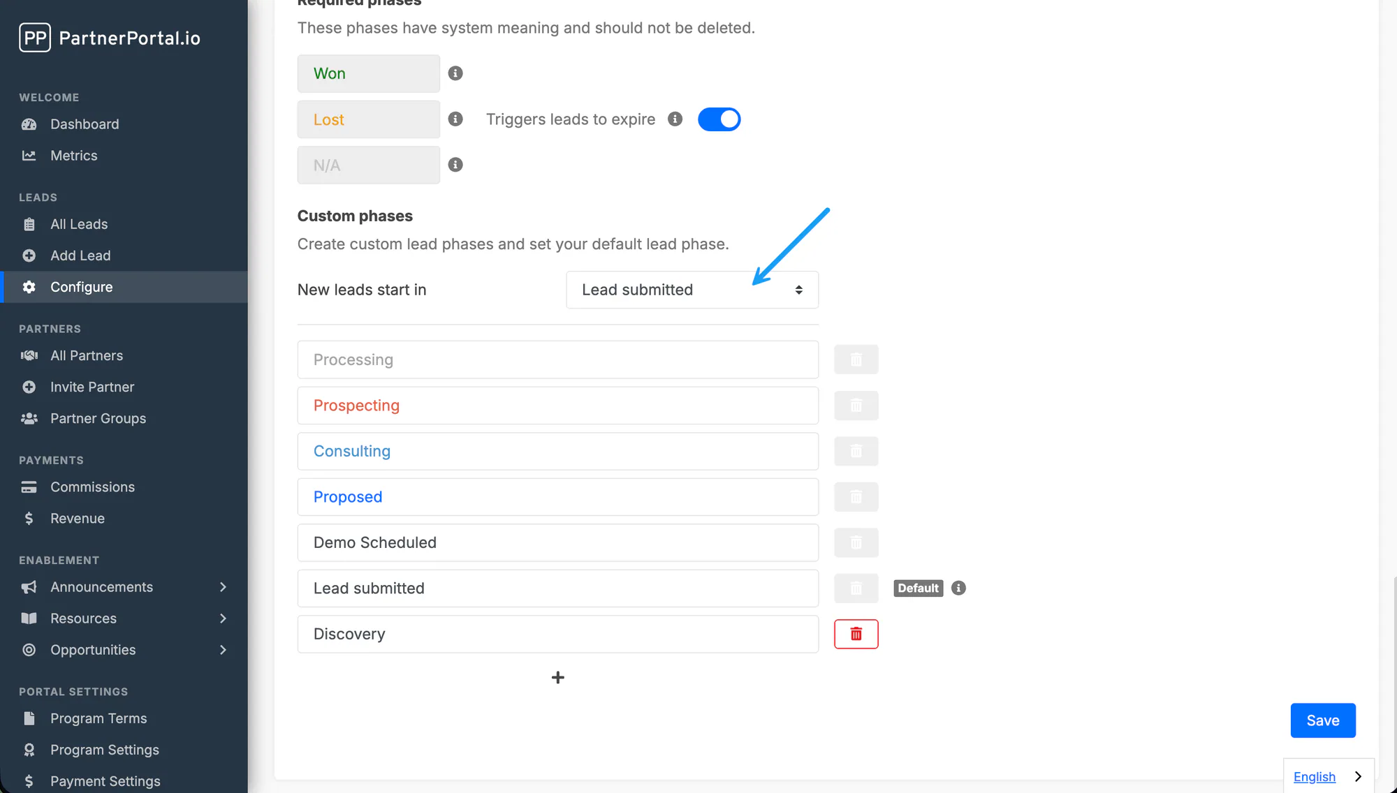 Setting the default lead phase