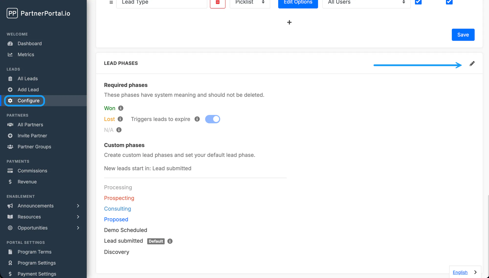 The Lead Phases section under Configure, with the edit pencil
