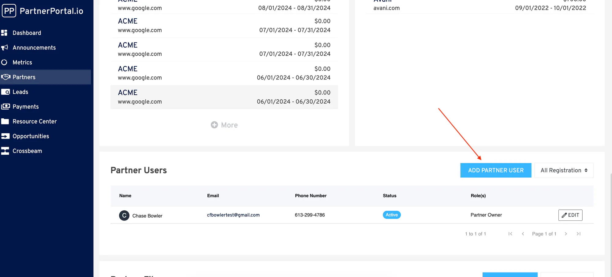 The Add Partner User button on a partner record.
