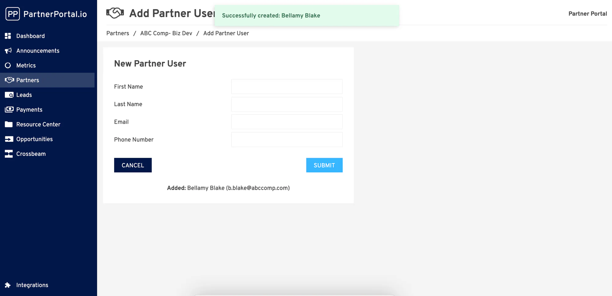 A success message after inviting a partner user.