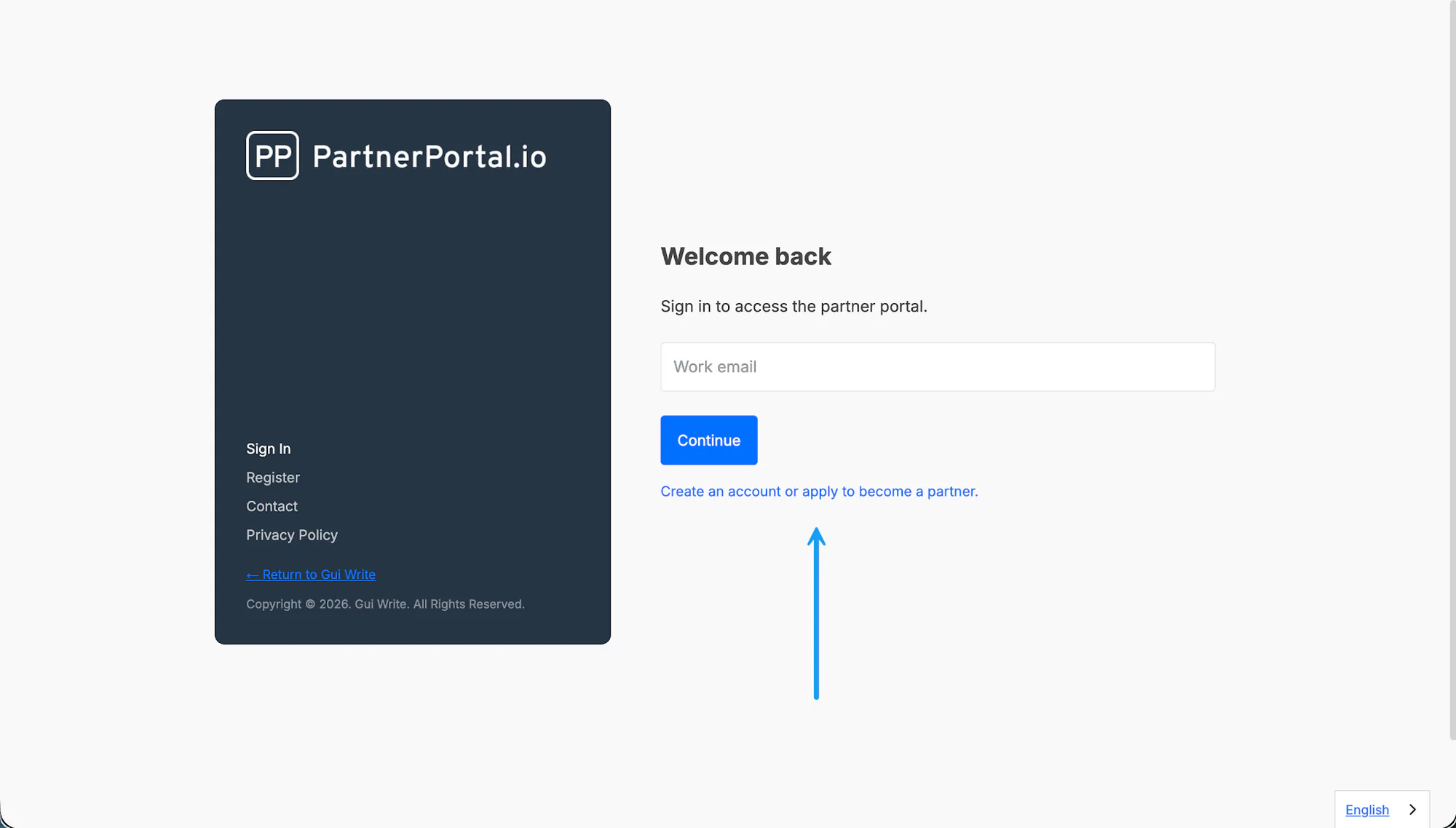The portal sign-in page with the partner application link.