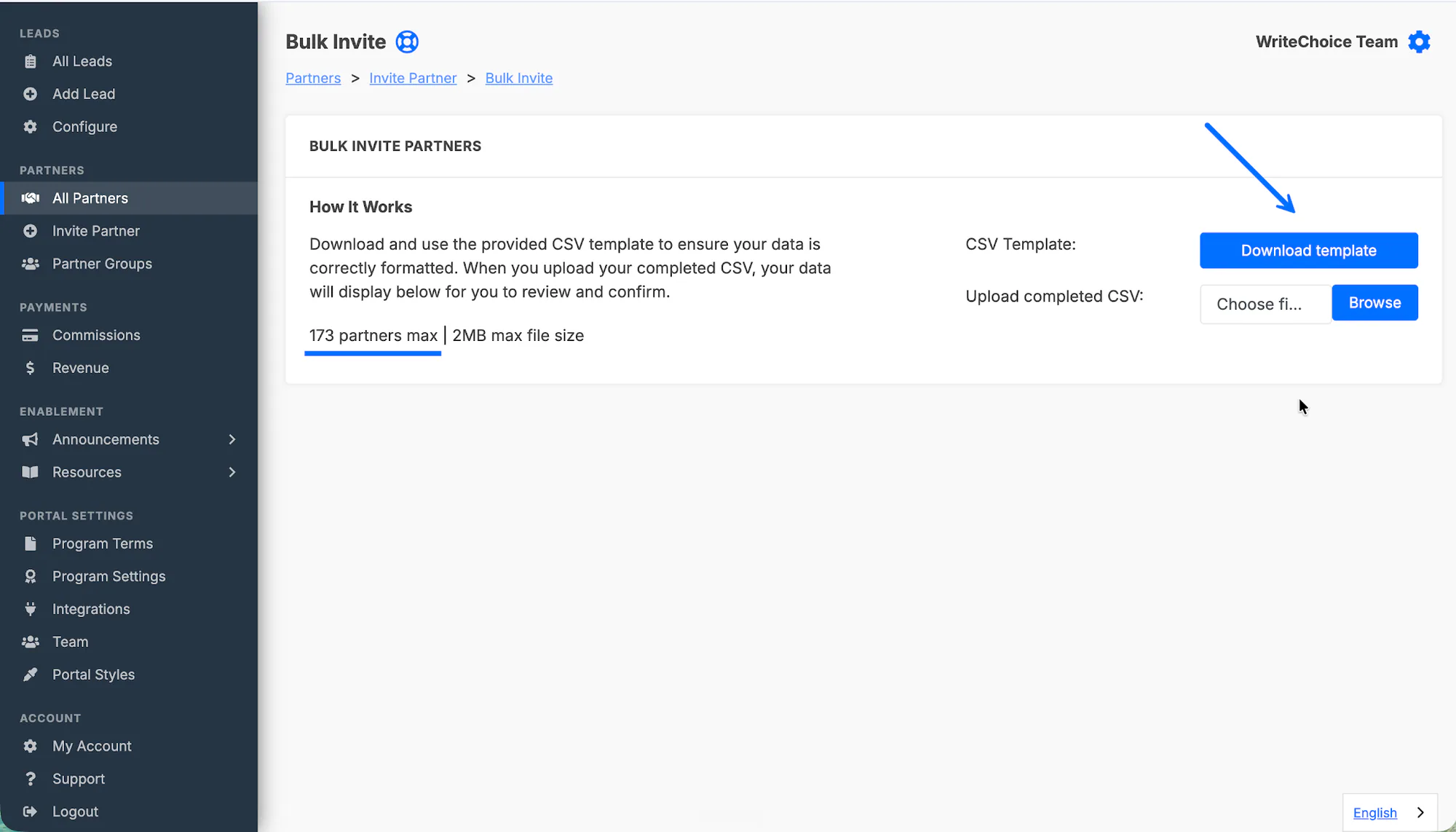 The bulk invite upload screen for importing many partner companies at once.