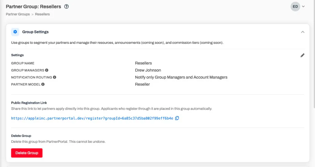 The Public Registration Link section on a partner group's settings, showing the copyable link and copy button.