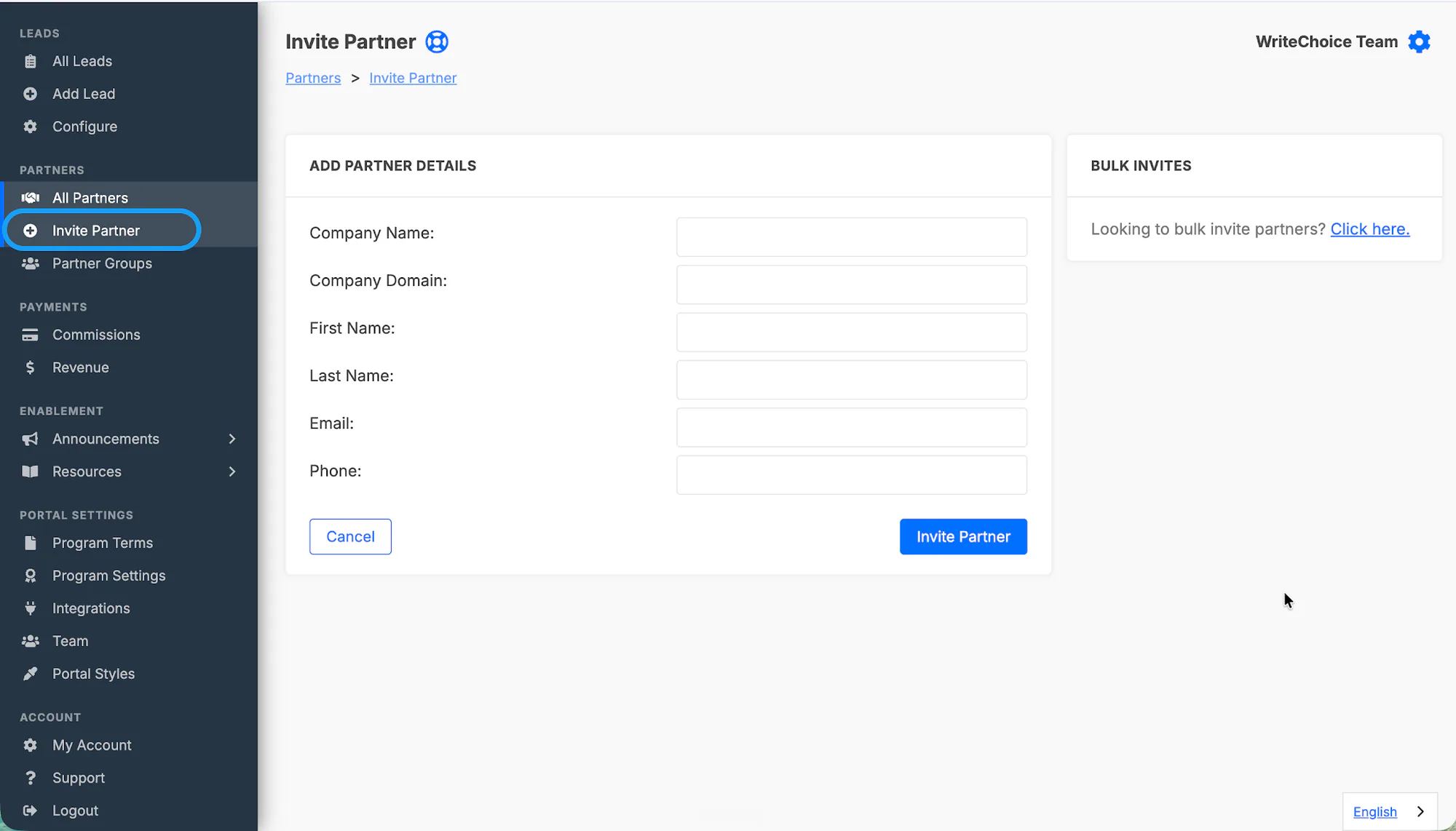 The Invite Partner entry point in the Partners section.