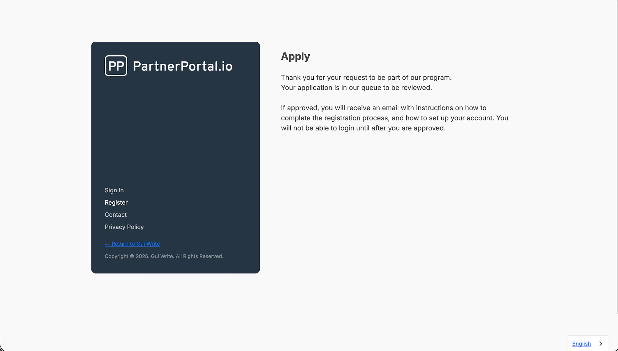 The admin view showing a pending partner application waiting for review.