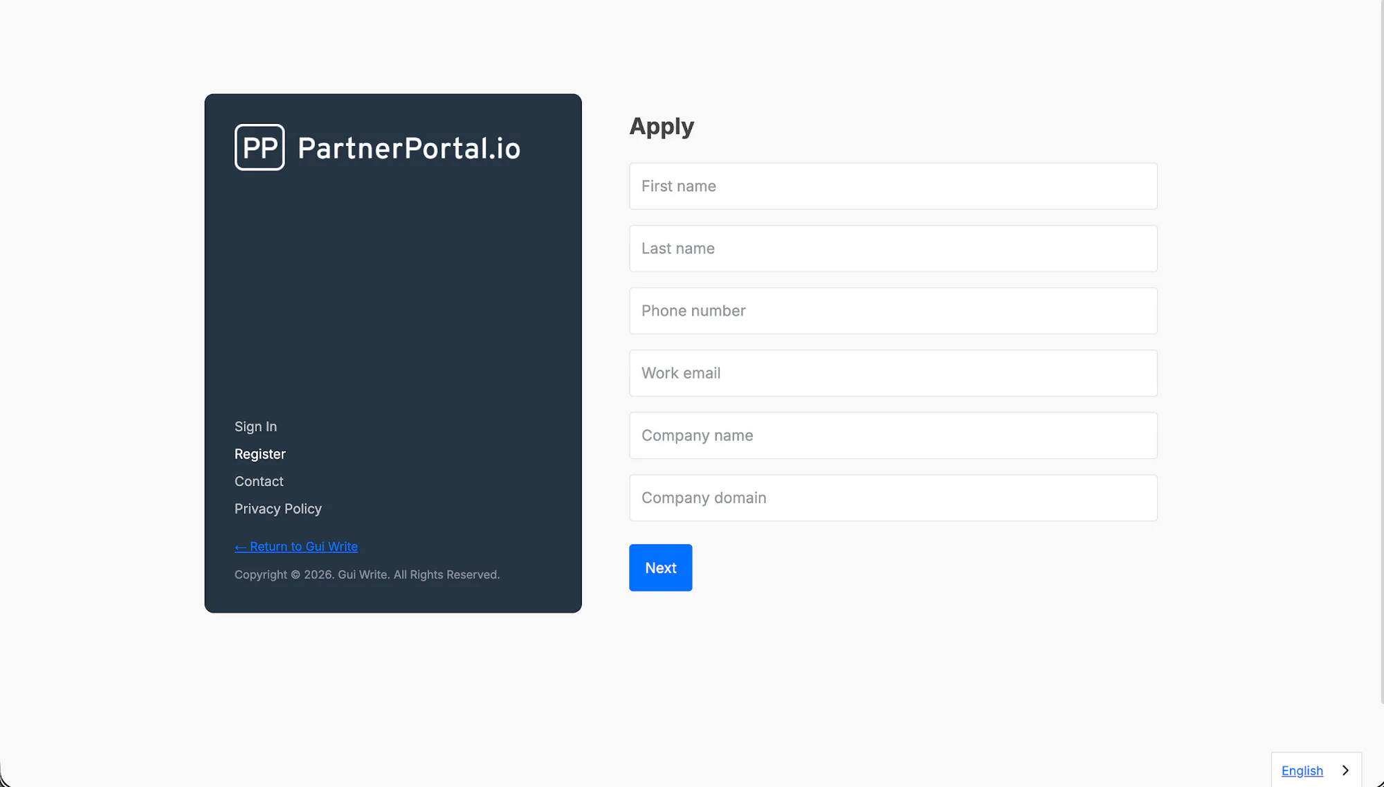 The public partner registration form on the /register page.
