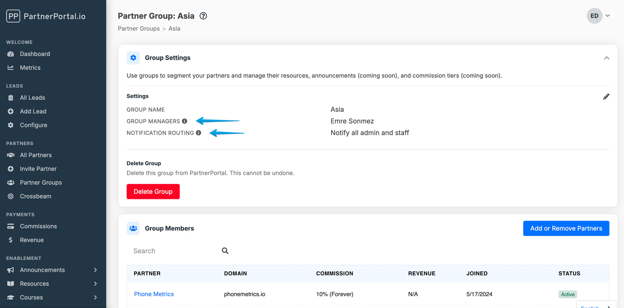 The Partner Group settings showing group managers and the Notification Routing setting.