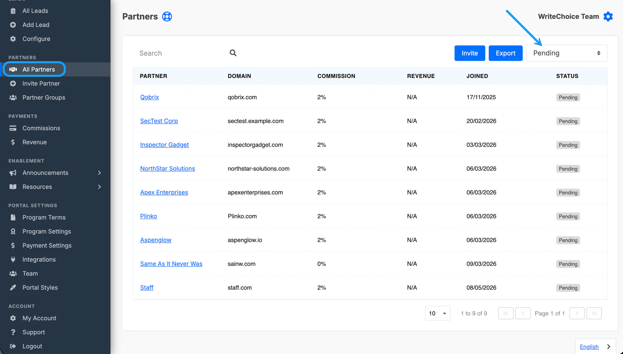 The All Partners page filtered to pending applications.
