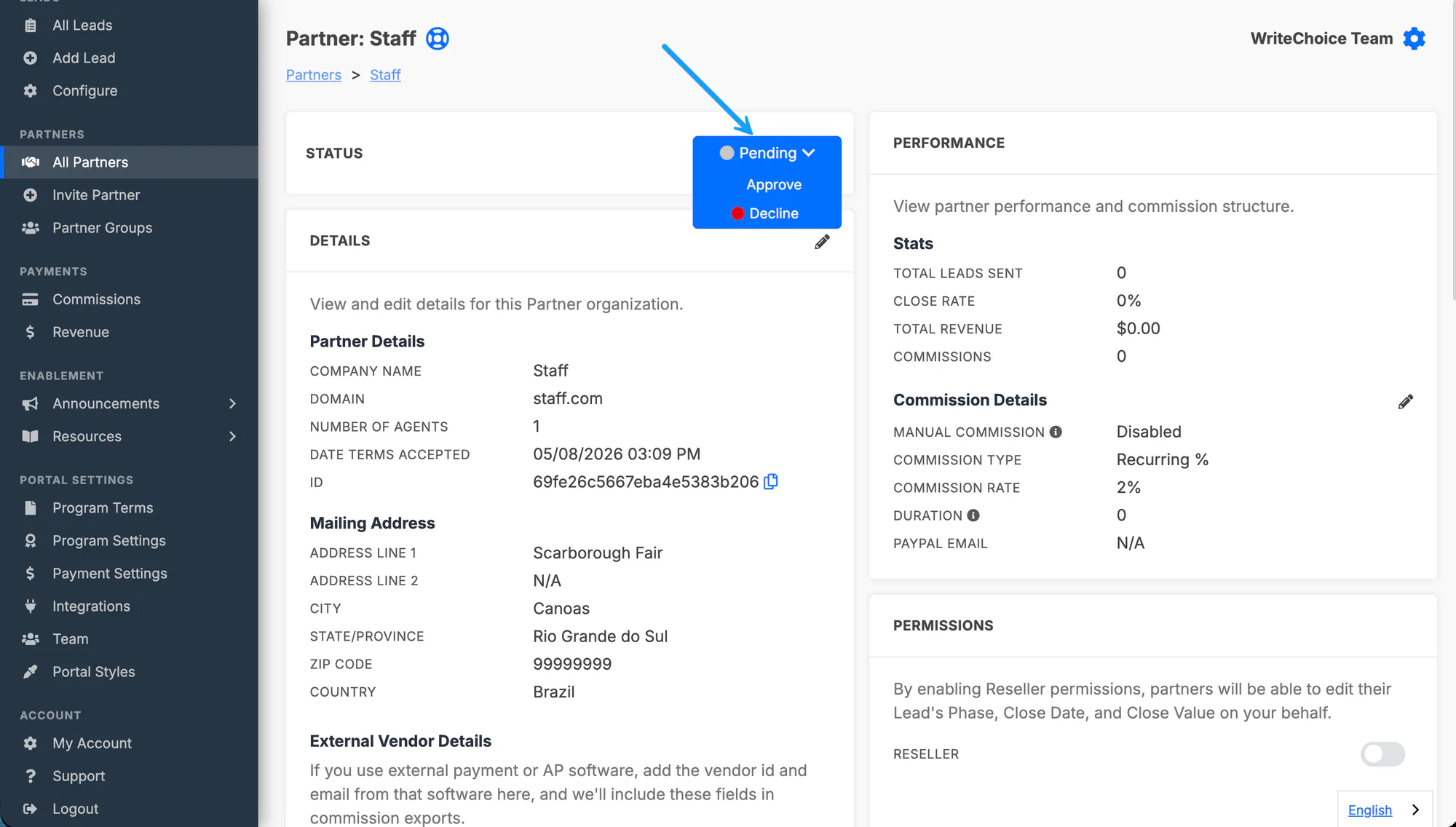 The partner detail view with the Status dropdown used to approve or decline an application.