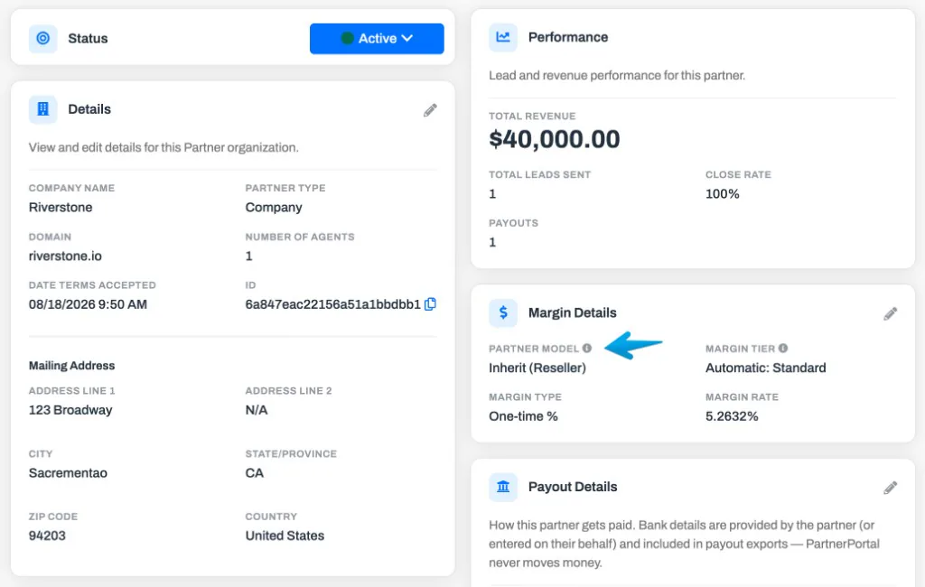 A partner record set to the reseller model, showing the Partner Model field and the Margin Details card with margin tier, type, and rate.
