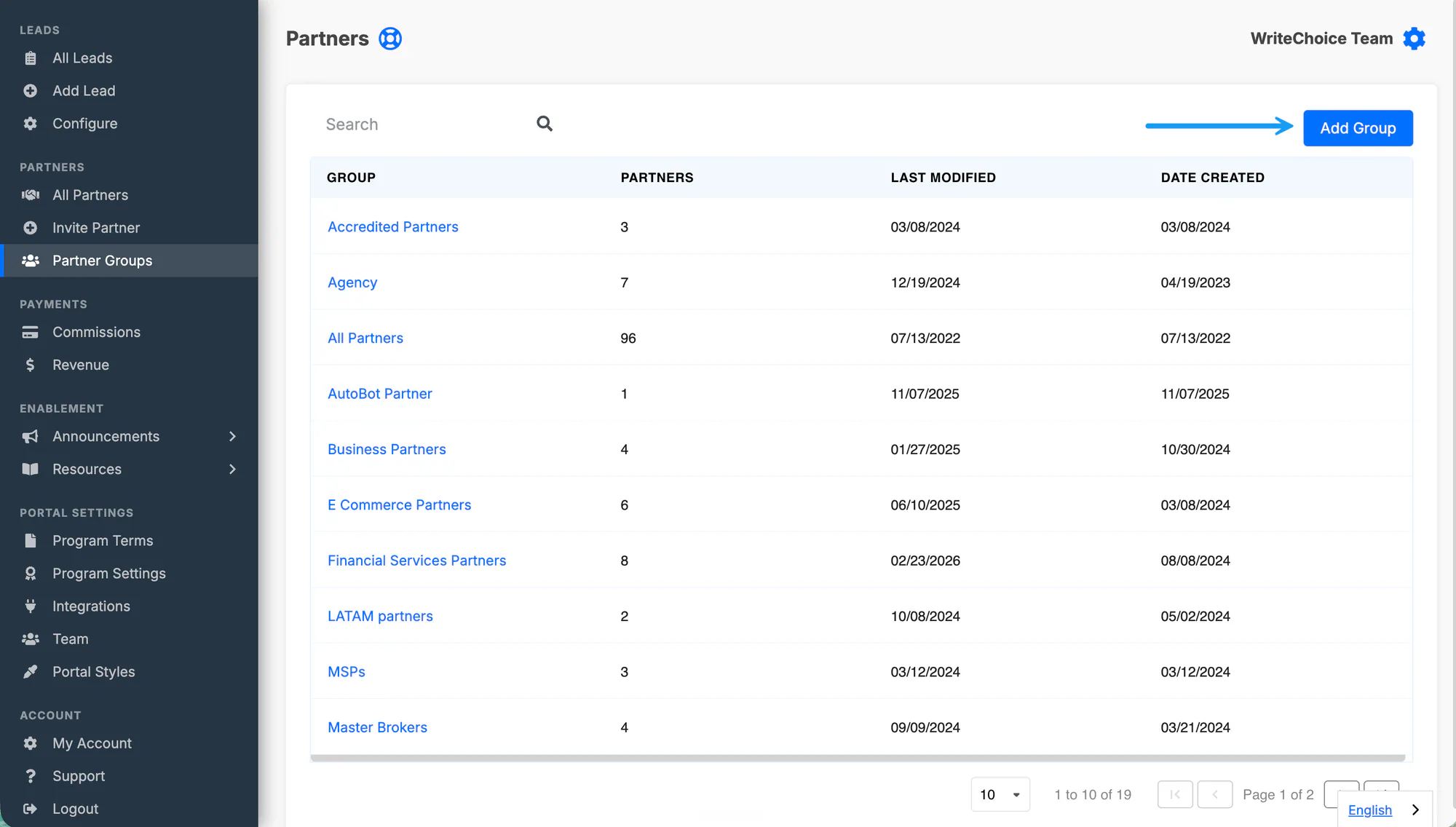 The Add Group button on the Partner Groups page.