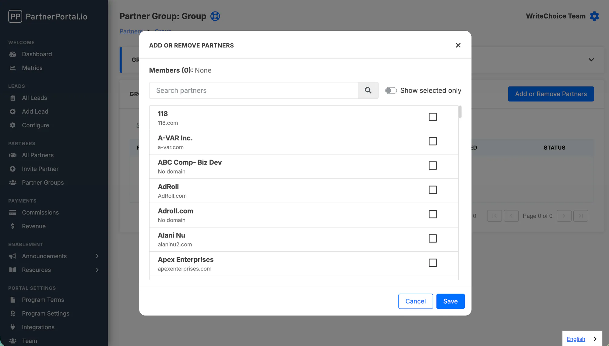 The create-group form with partner selection.