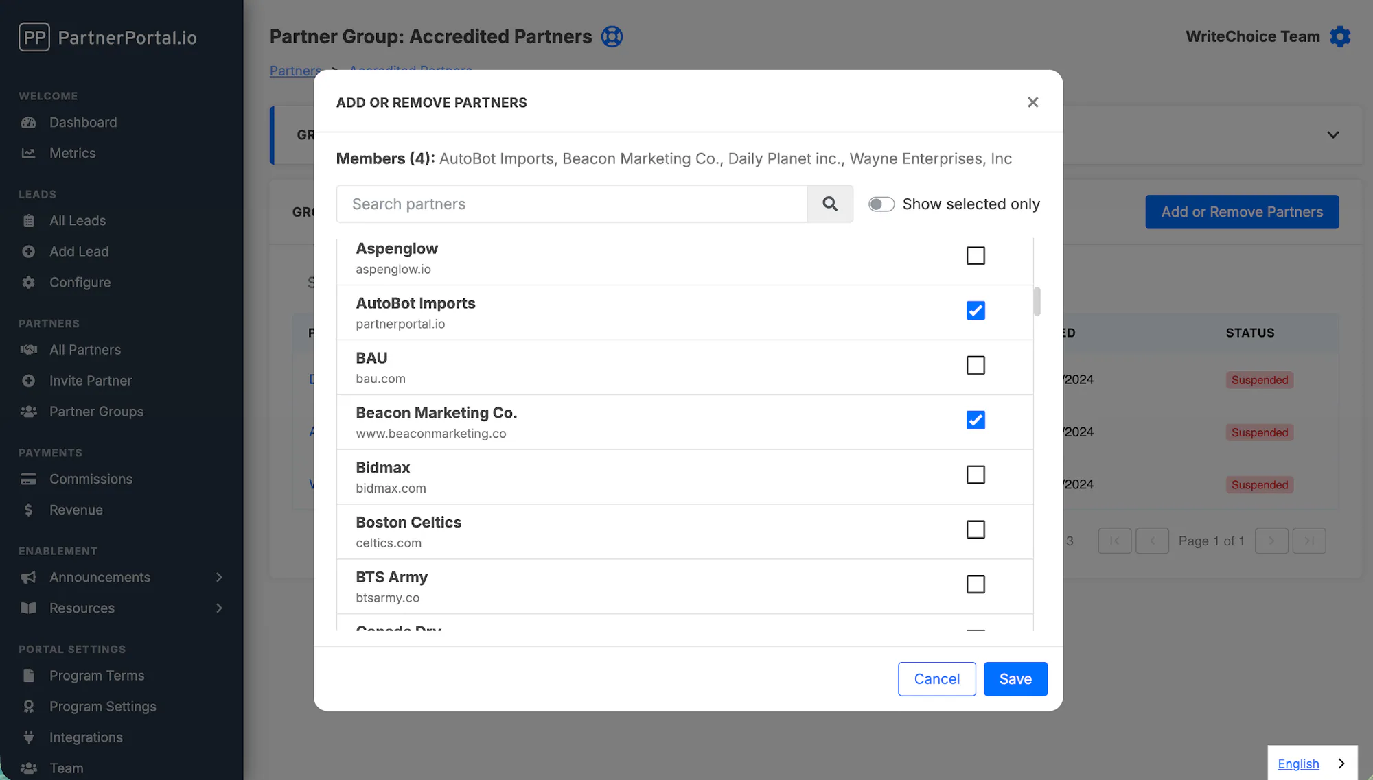 The group editing screen used to add or remove partner companies from a group.