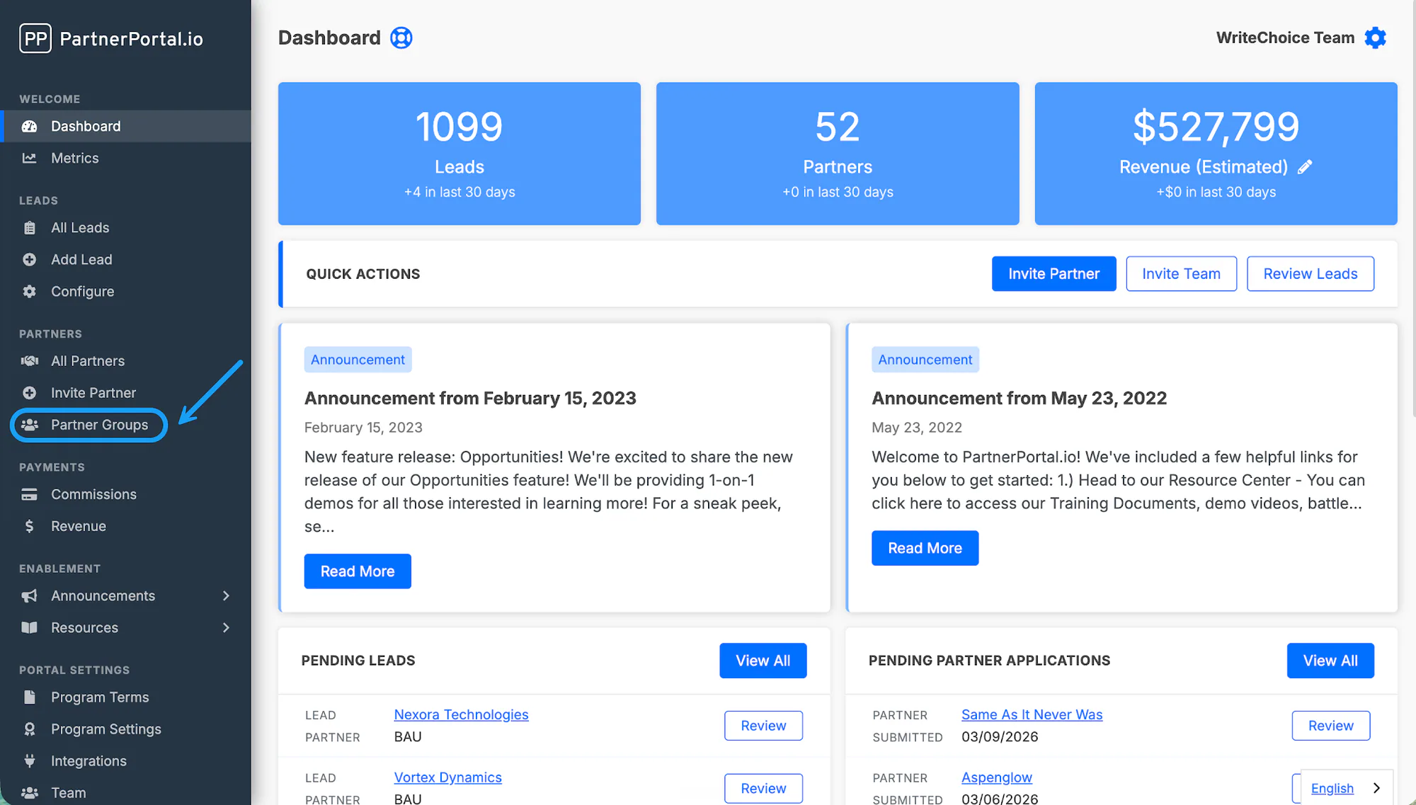 The Partner Groups page inside the Partners section.