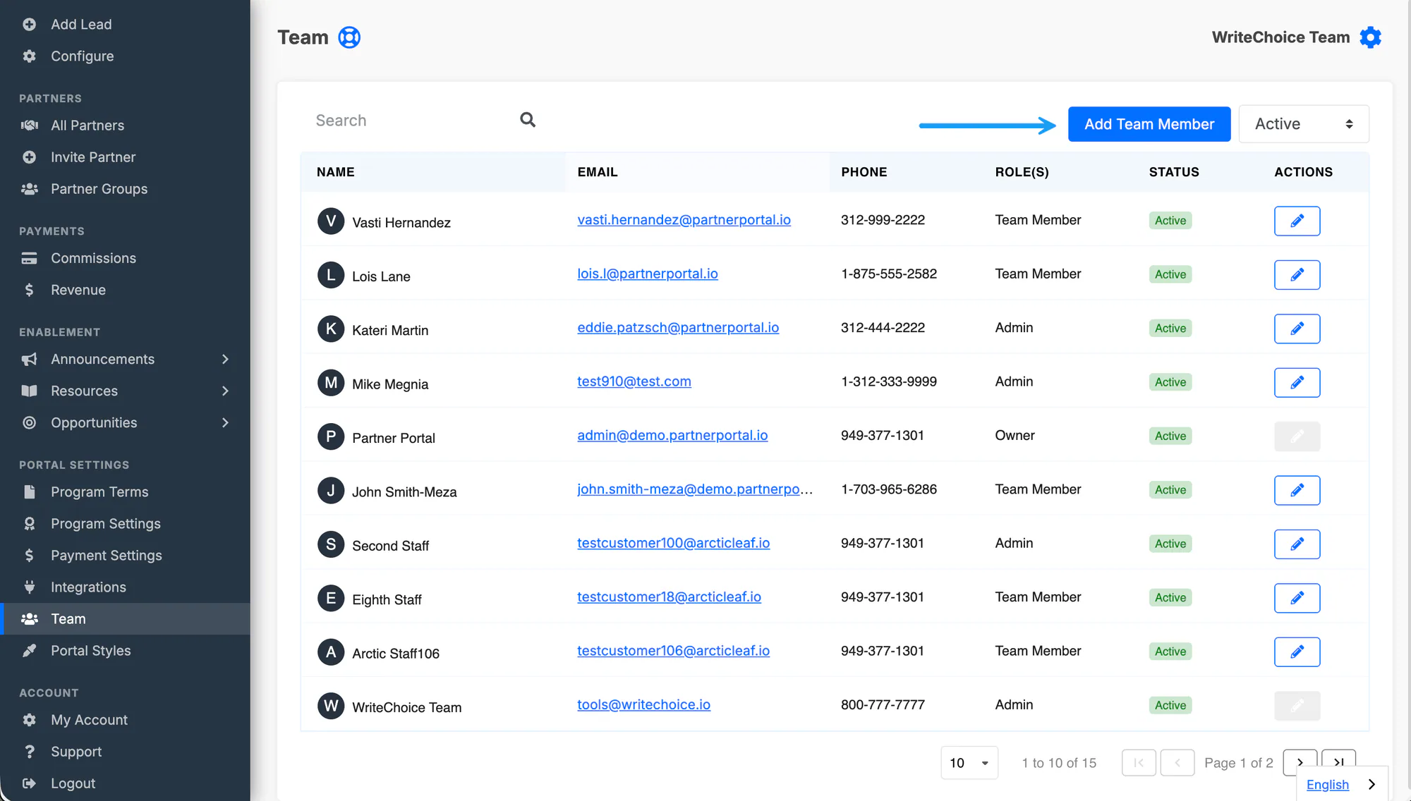 The Team page with the Add Team Member button.