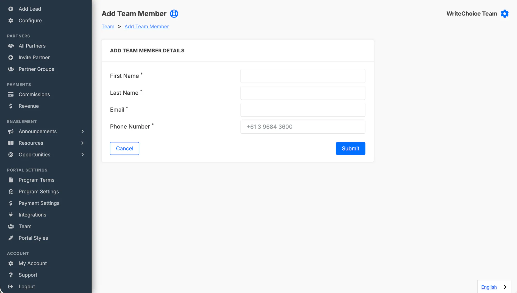 The Add Team Member form for entering a teammate email and phone number.
