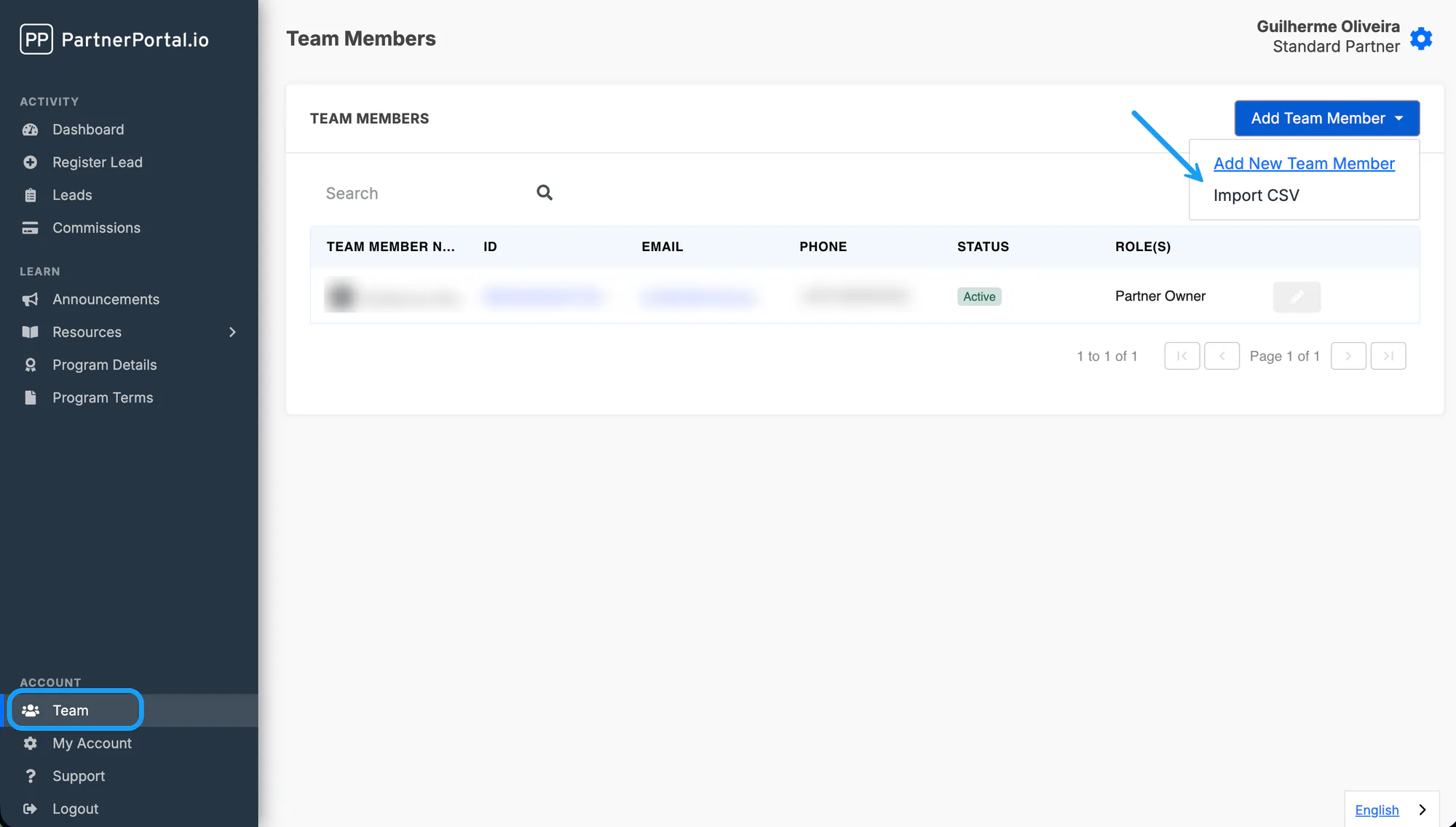 The Add Team Member menu with the Import CSV option.