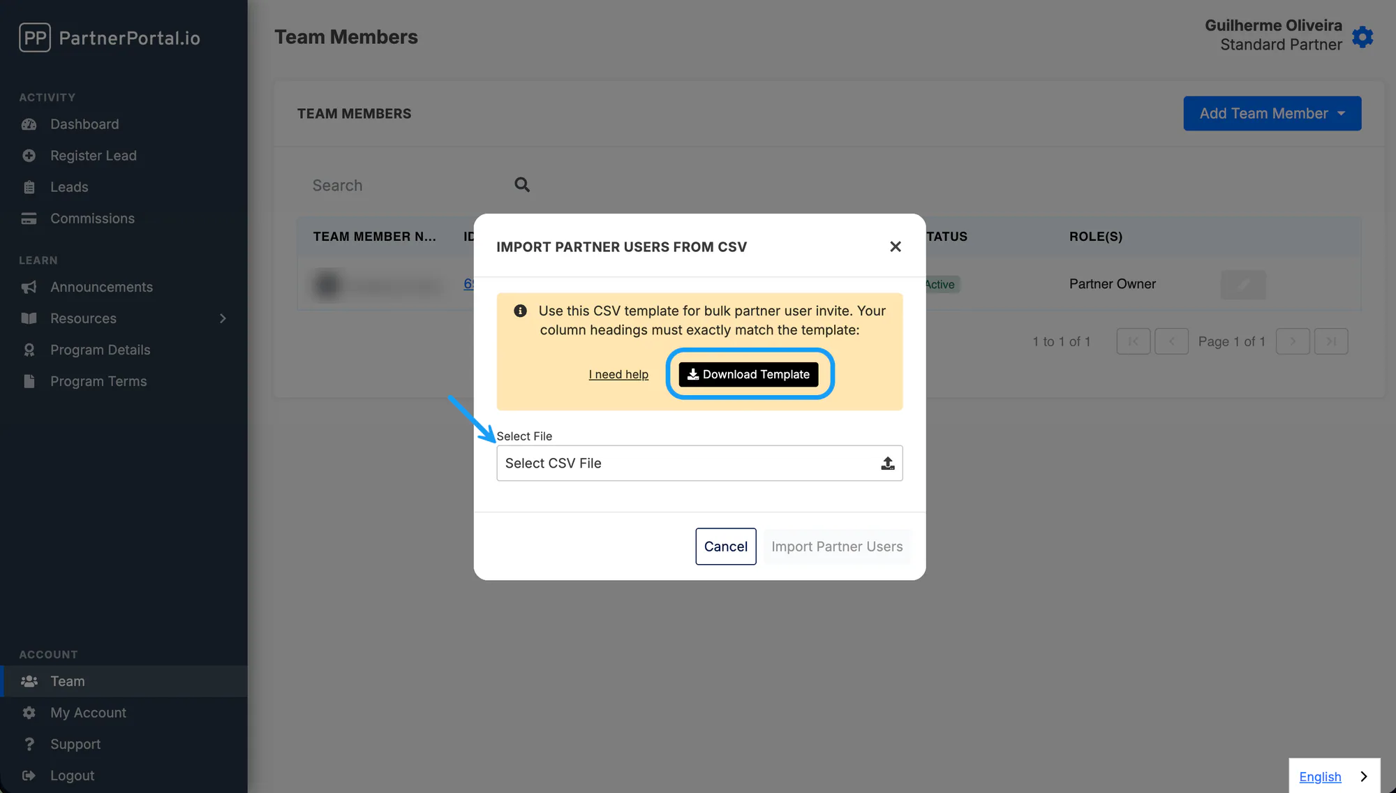 The CSV upload screen for bulk importing partner-side team members.