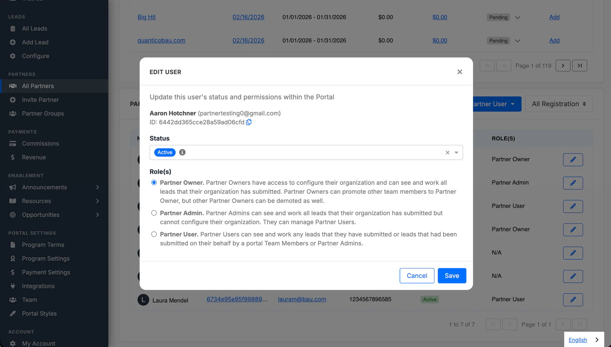 The role-permissions modal for a partner-side team member.