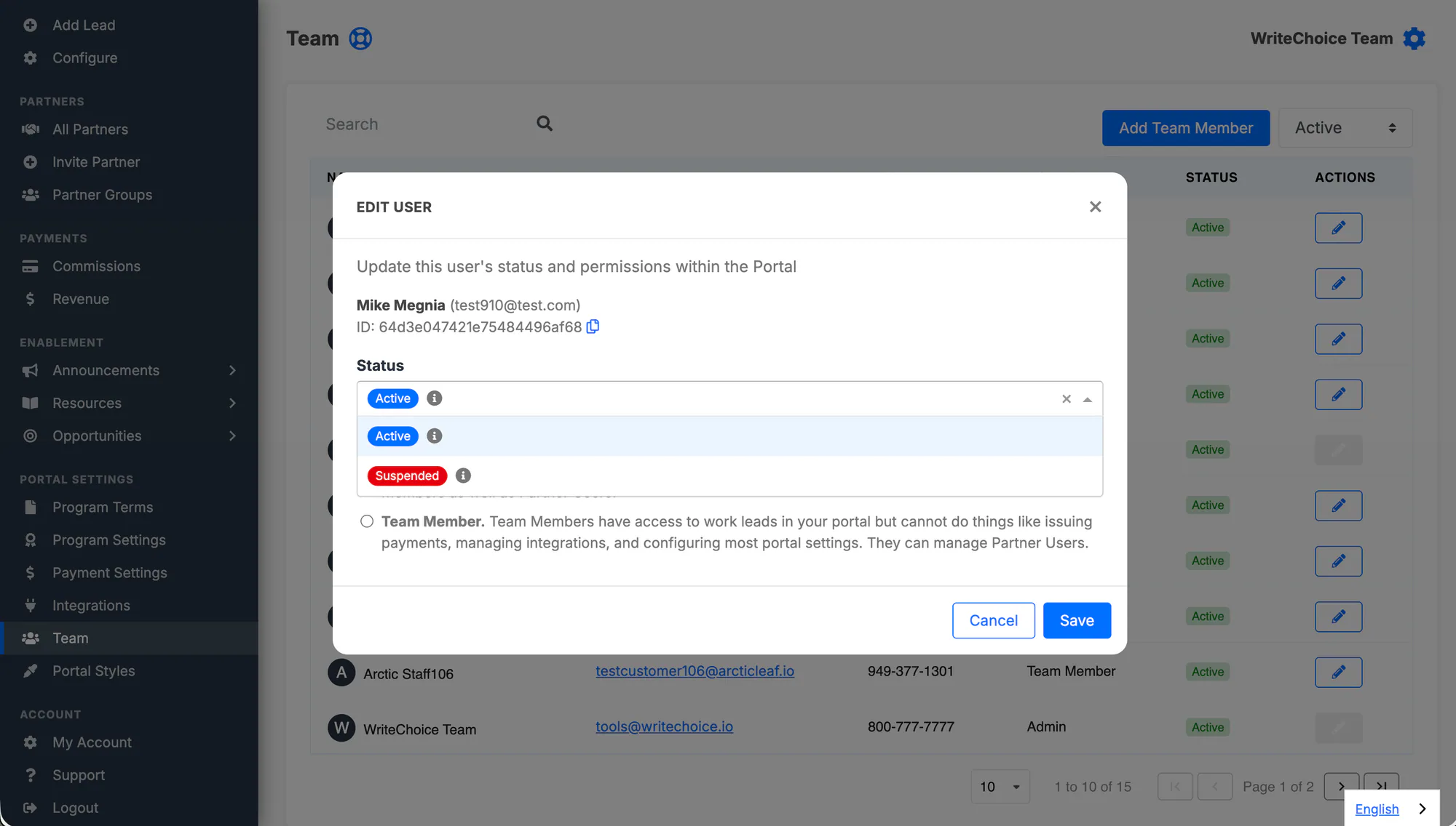 The status dropdown used to suspend a partner-side team member.