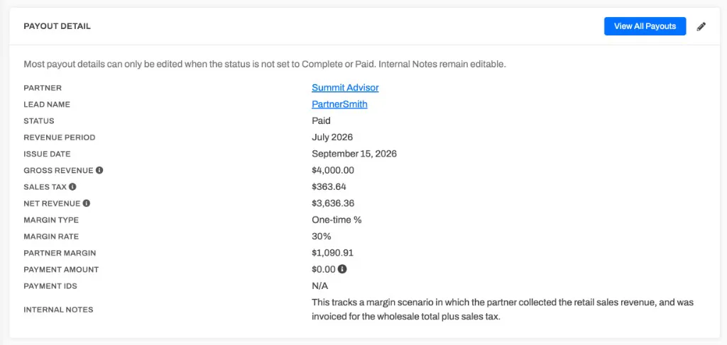 A reseller Payout Detail card read top to bottom: Gross Revenue $4,000.00, Sales Tax $363.64, Net Revenue $3,636.36, Margin Rate 30%, Partner Margin $1,090.91, and a $0.00 Payment Amount for a partner-collects deal.