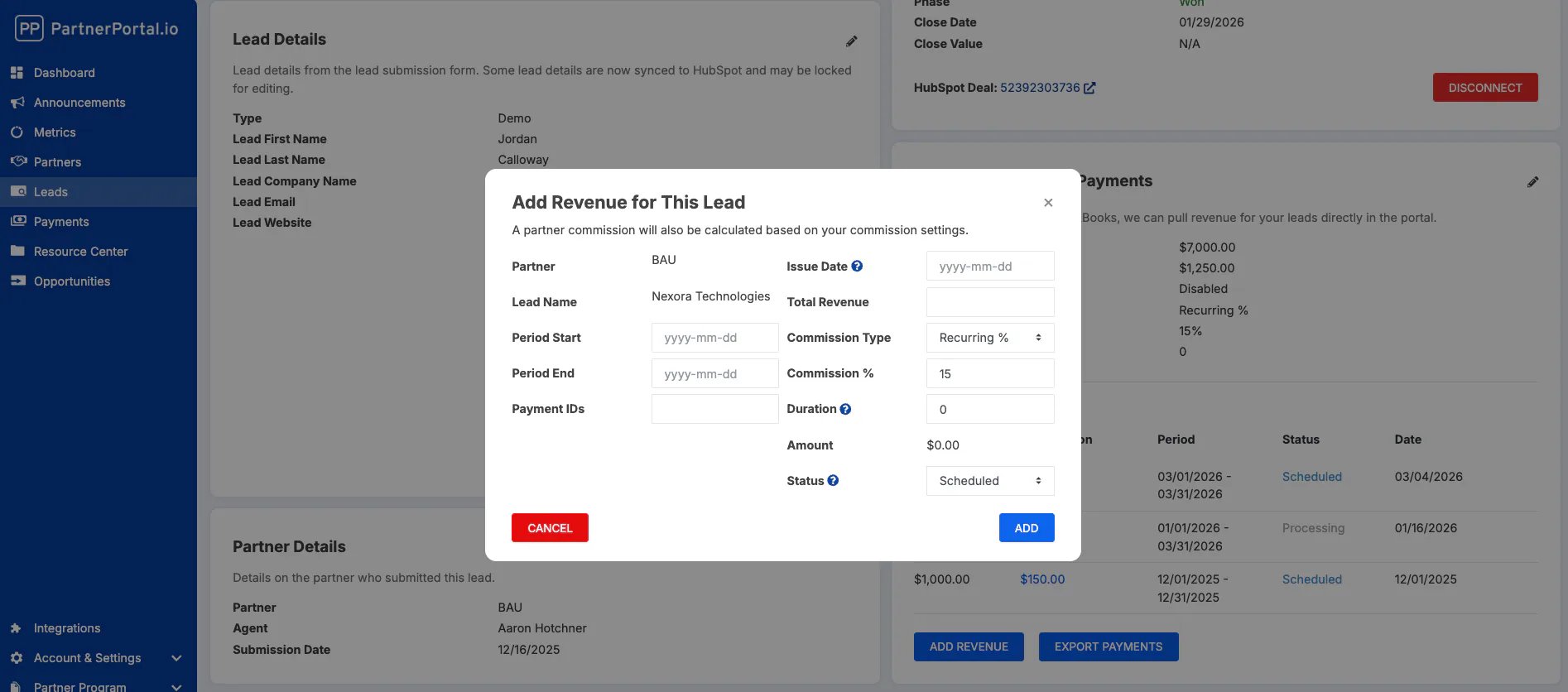 The Add Revenue form with payment details and commission fields.