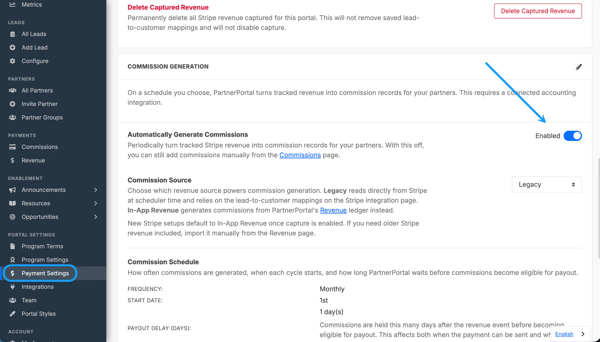 The Commission Generation section in Payment Settings.
