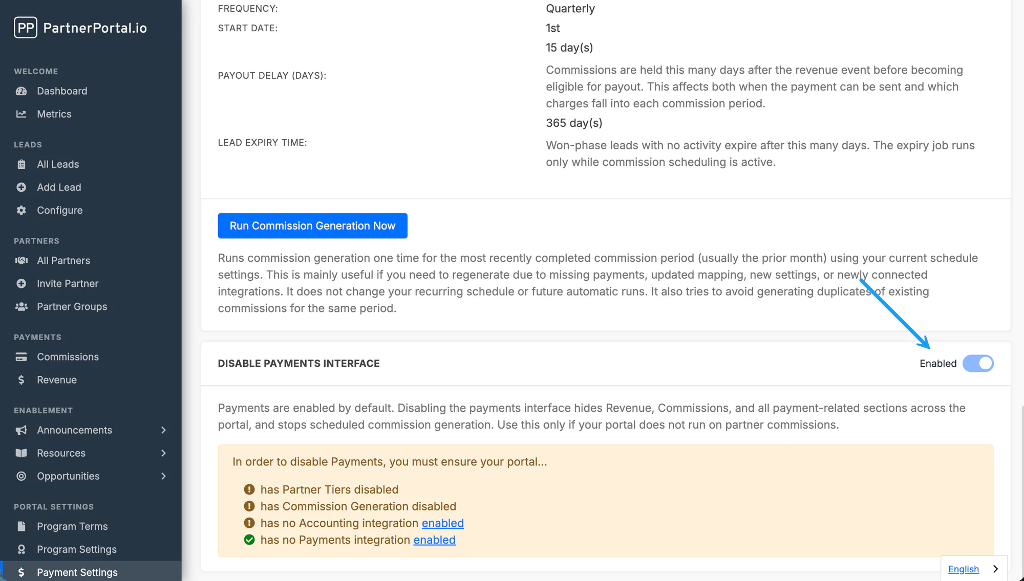 The Disable Payments Interface section in Payment Settings.
