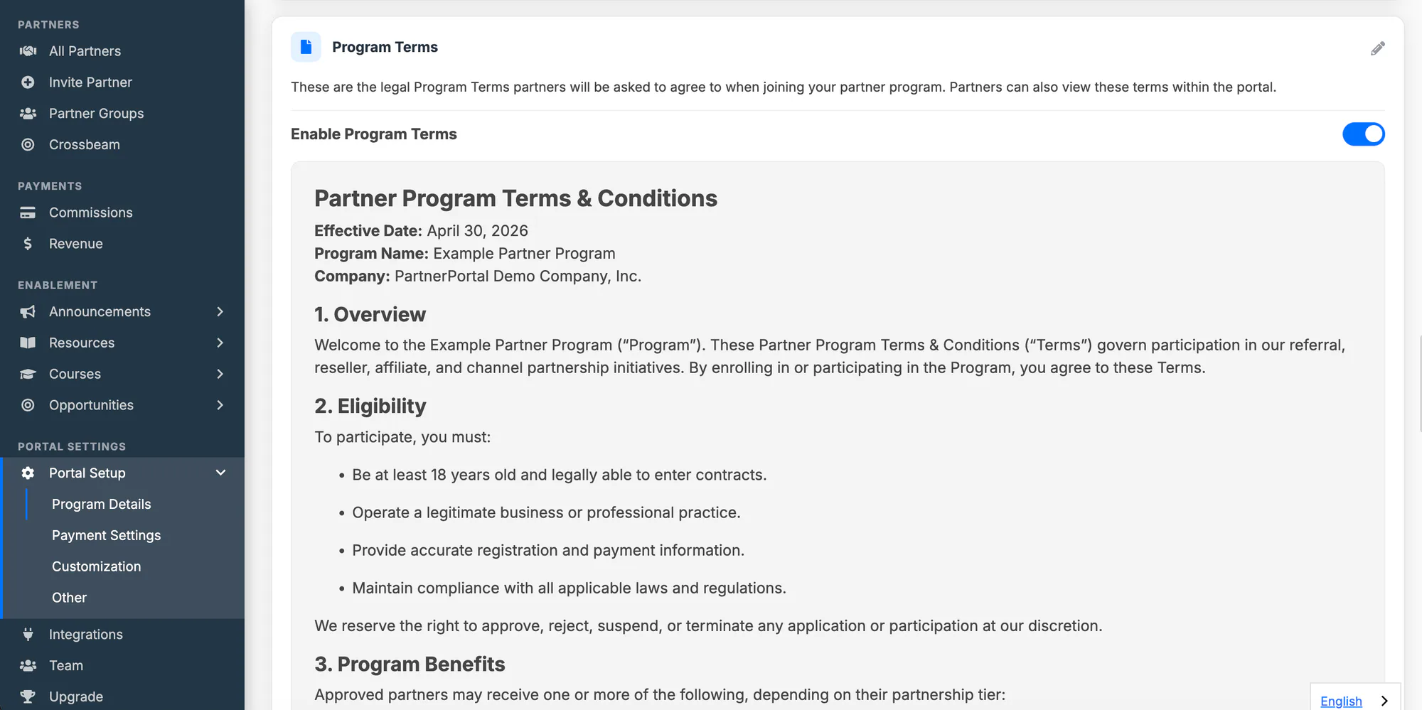 The Program Terms card on the Program Details screen.