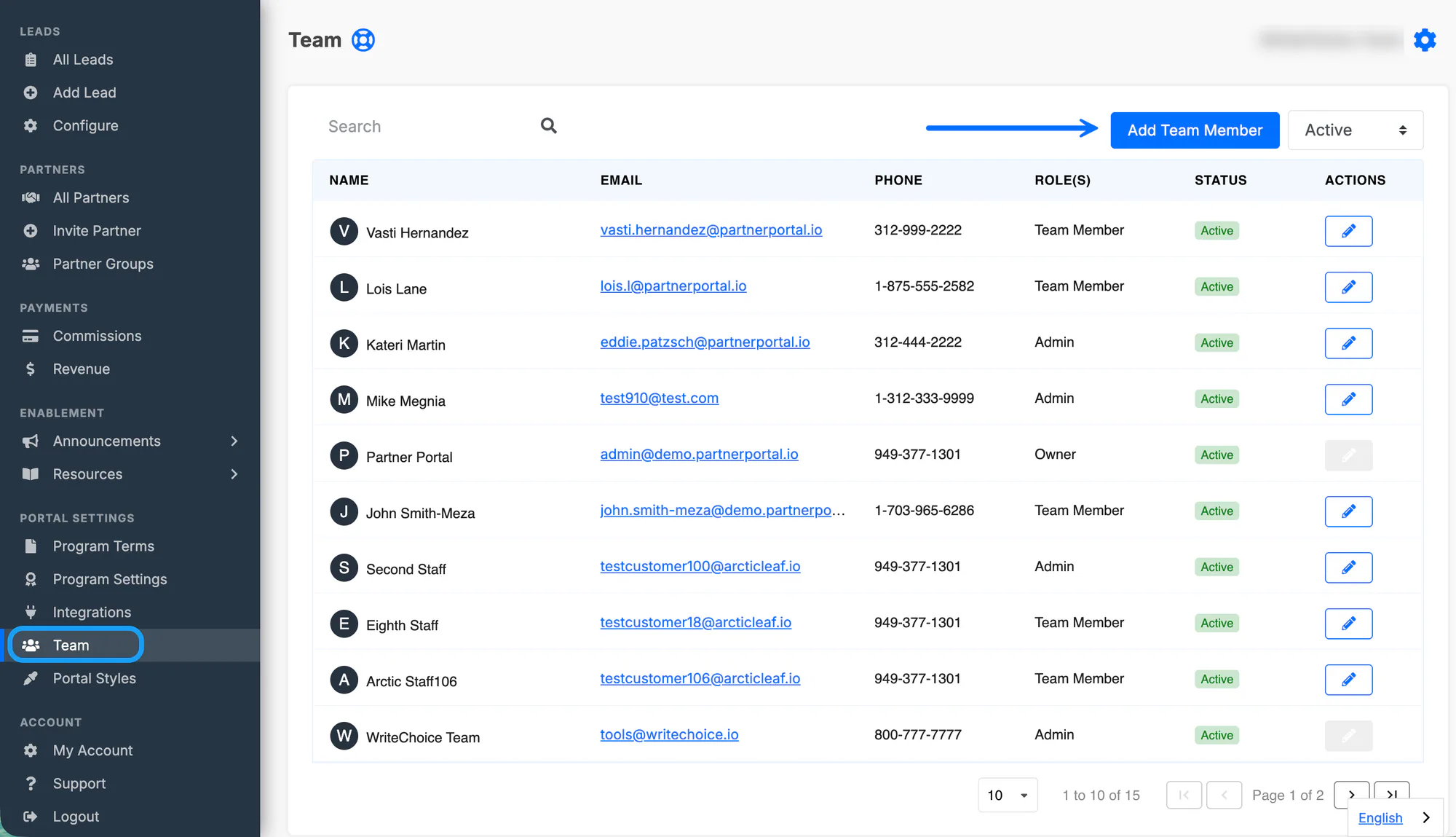 The Team page with the Add Team Member button in the top-right corner.