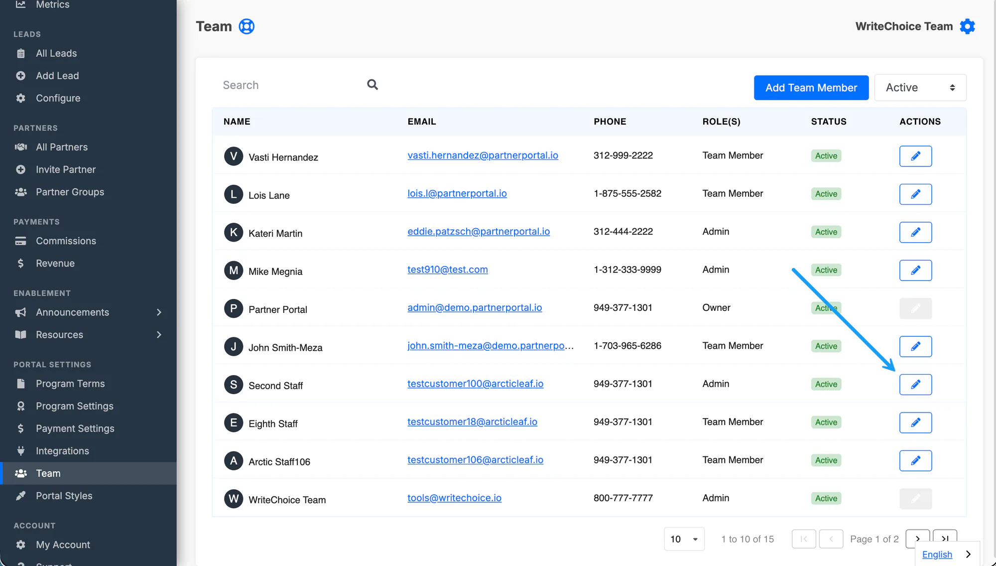 The Team list with the edit button used to open a team member record.