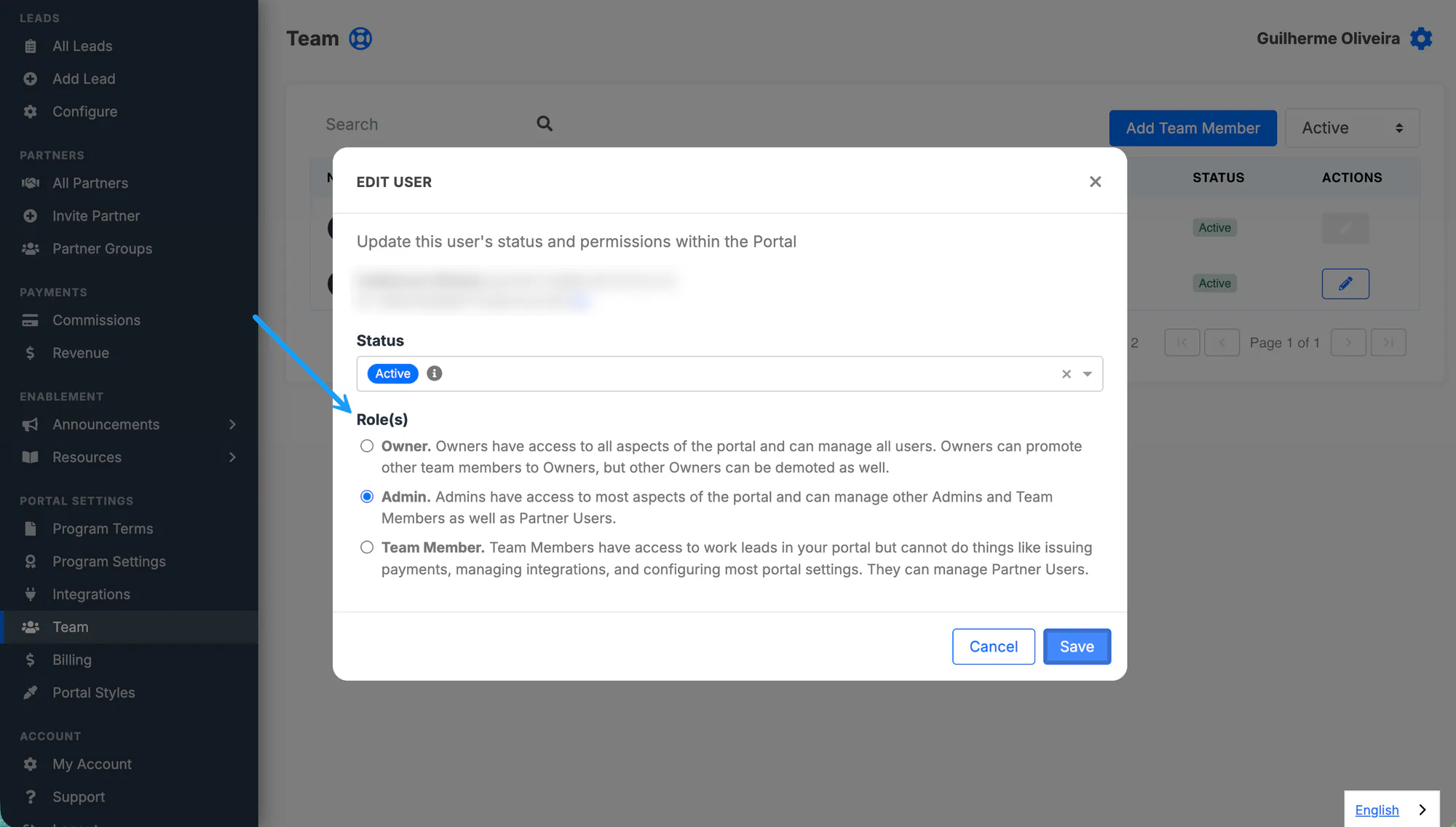 The role and permissions popup for an internal team member.