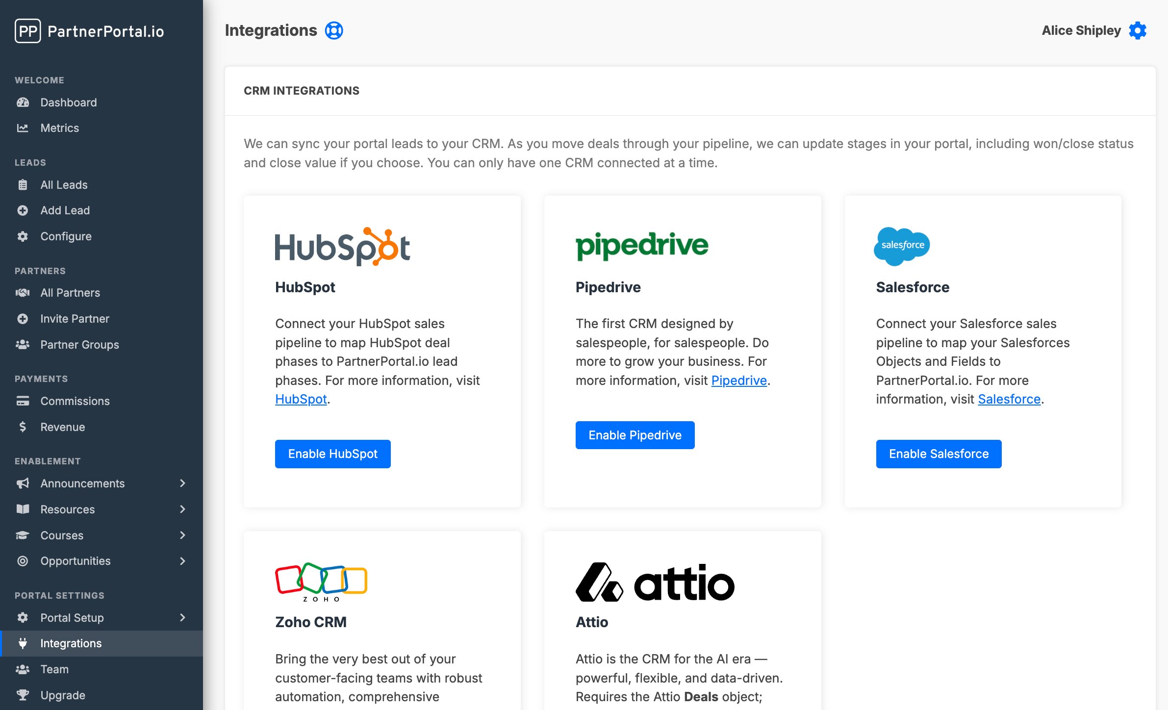 Integrations in PartnerPortal
